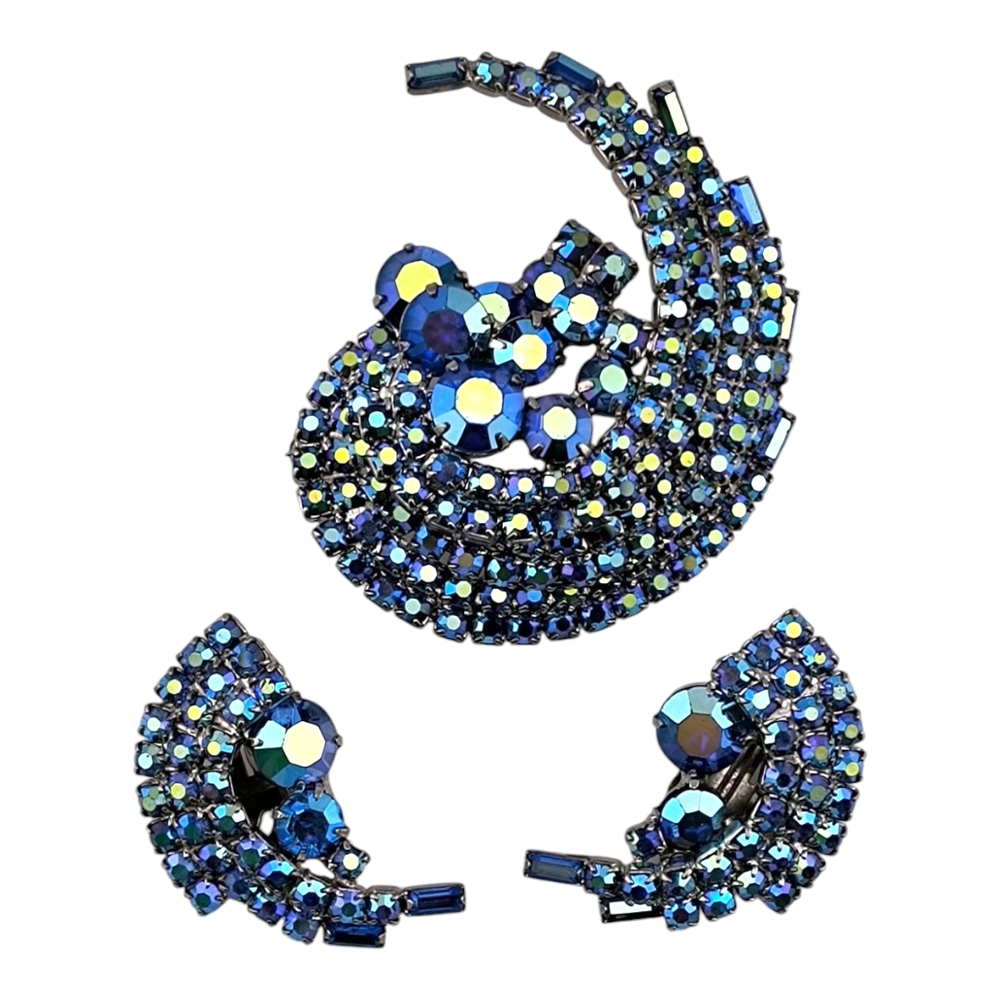 VintageVivid Blue Wave! Aurora Borealis Rhinestones Brooch and Clip Earrings Set